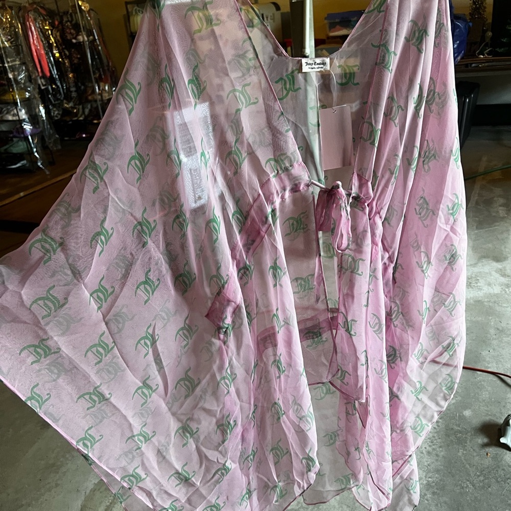 Juicy Couture pink and green logo print sheer caftan robe swim coverup ONE SIZE